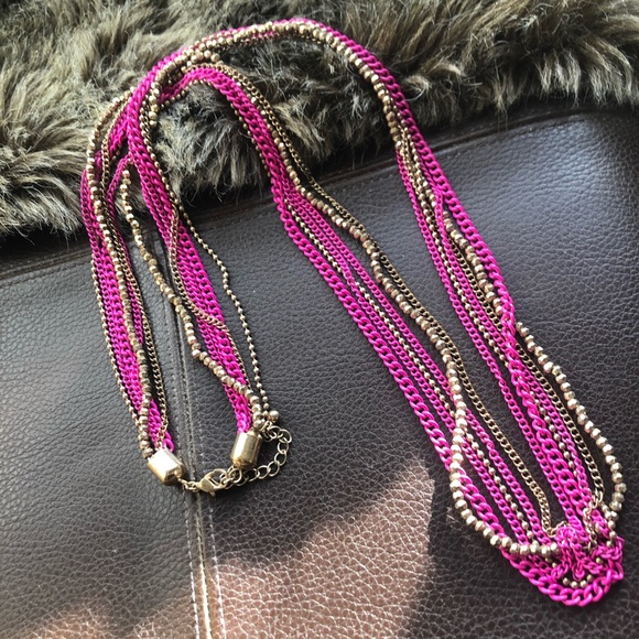 Multi strand pink chain brass sparkle bead necklace - Picture 5 of 6